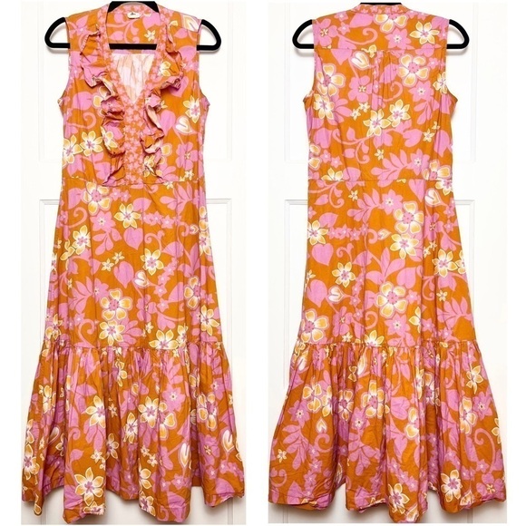 WARM 70s Tropical Floral Sleeveless Ruffle Trim V-Neck Flounce Tier Midi Dress M - Picture 5 of 10